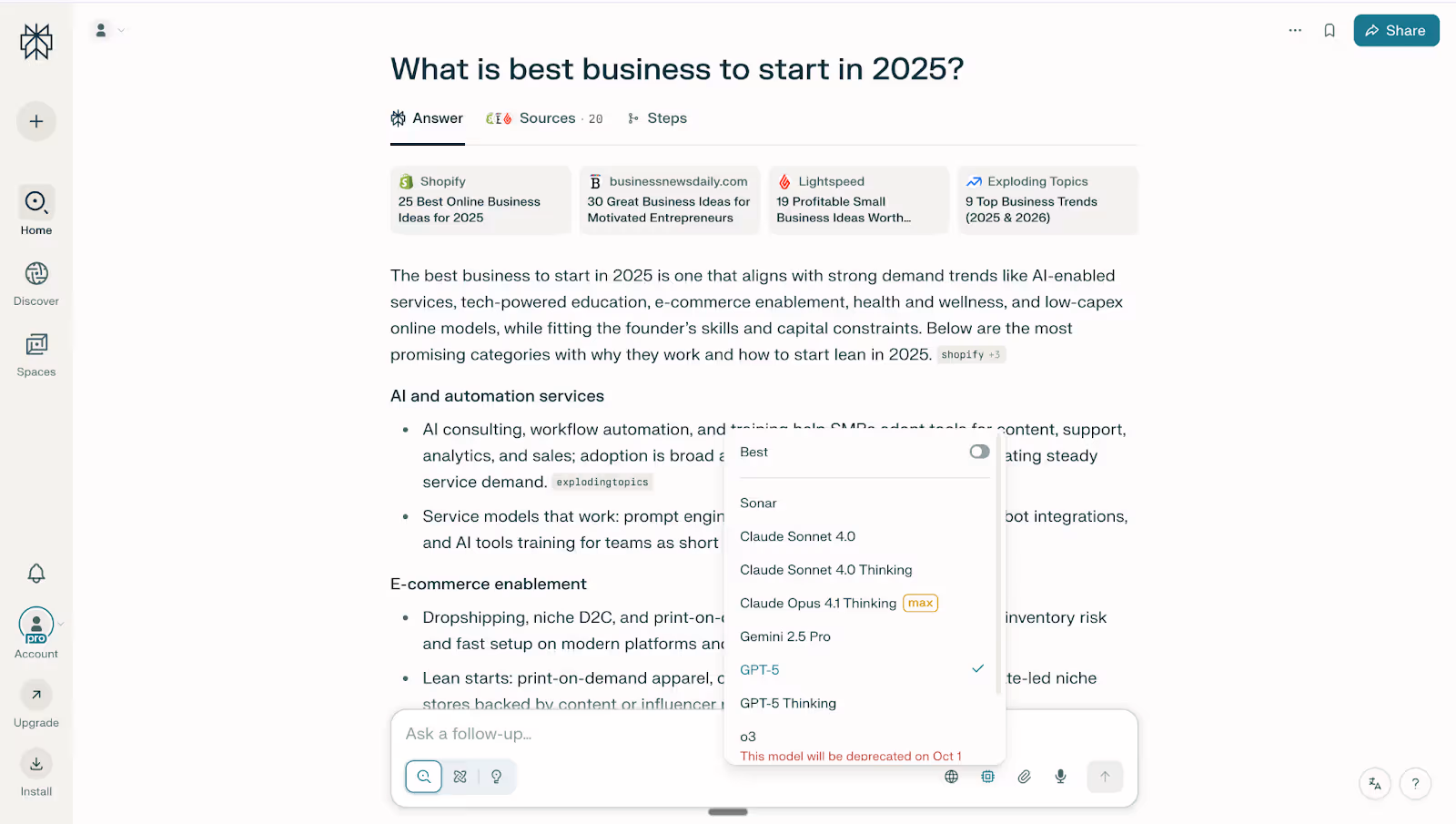 Perplexity displays research results with cited sources and model options, showing how this AI chatbot supports real-time information retrieval and research accuracy for professional users.
