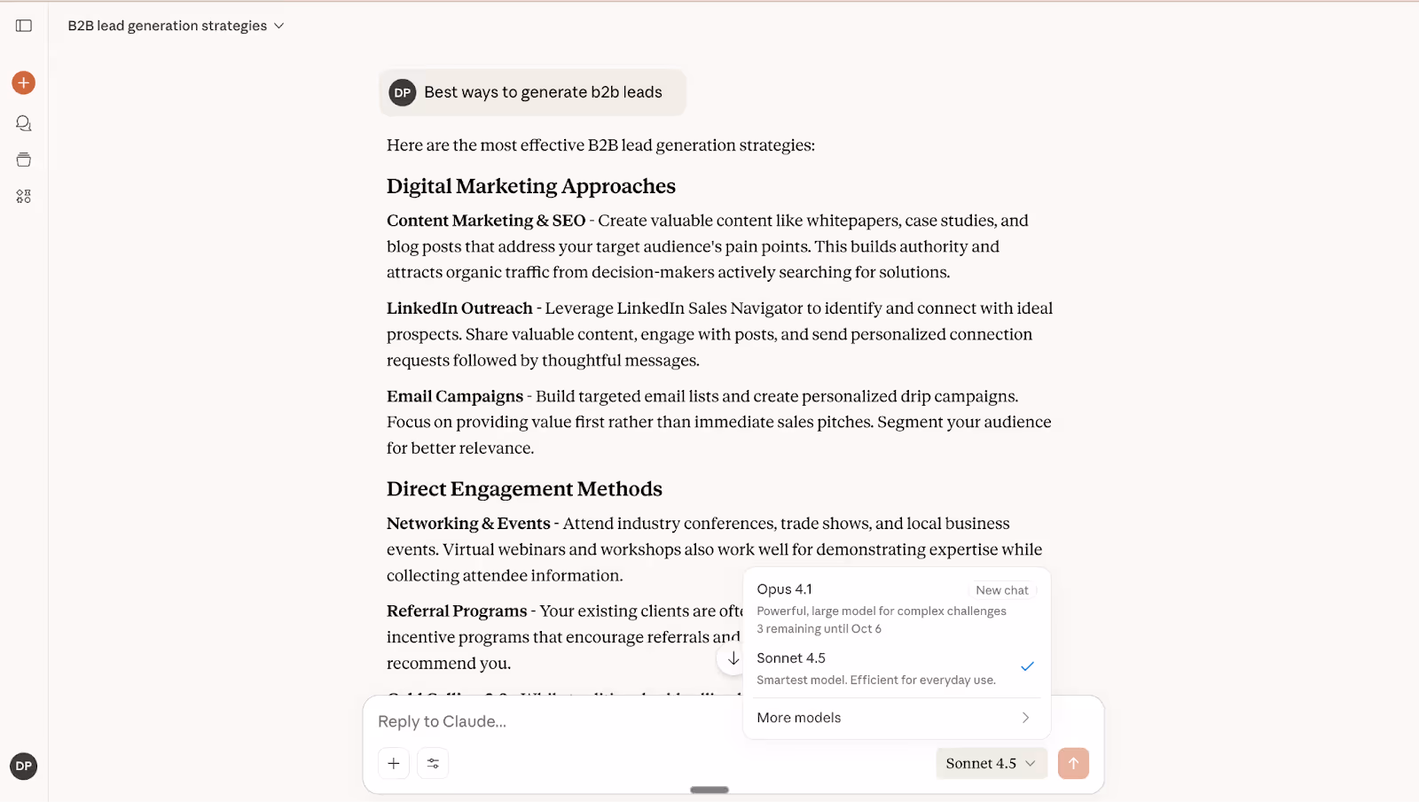 Claude presents structured recommendations for B2B lead generation, highlighting how this AI chatbot excels in complex reasoning and long-form content for professional applications.
