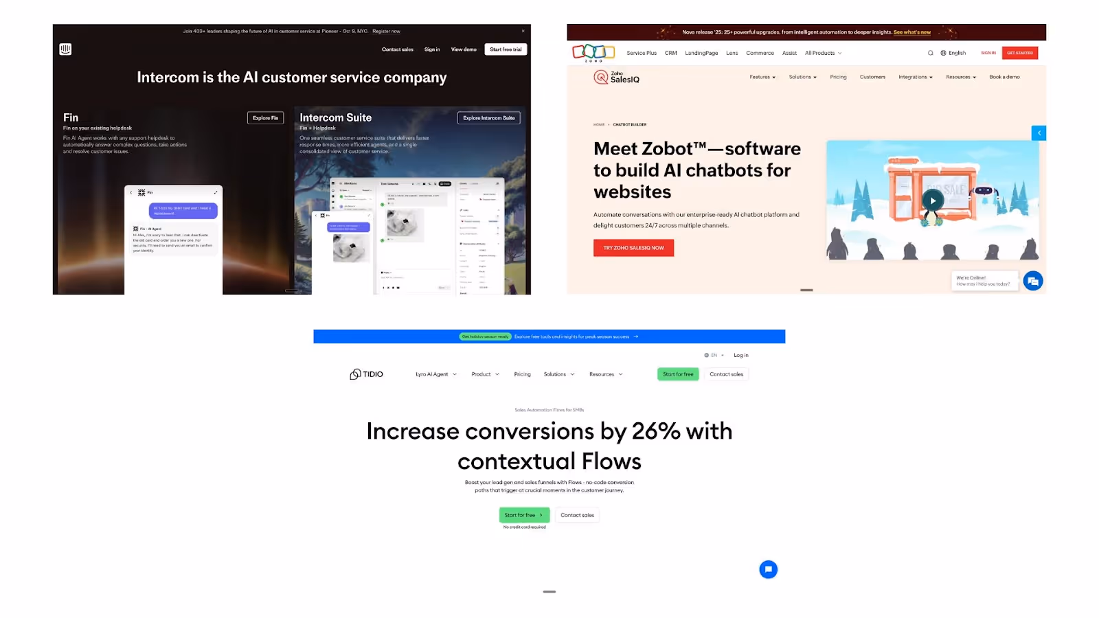 Tidio, Intercom, and Zoho Desk AI chatbot platforms automate customer support workflows across SMB and enterprise teams, combining ticketing, analytics, and omnichannel messaging for efficient CX operations.Tidio, Intercom, and Zoho Desk AI chatbot platforms automate customer support workflows across SMB and enterprise teams, combining ticketing, analytics, and omnichannel messaging for efficient CX operations.