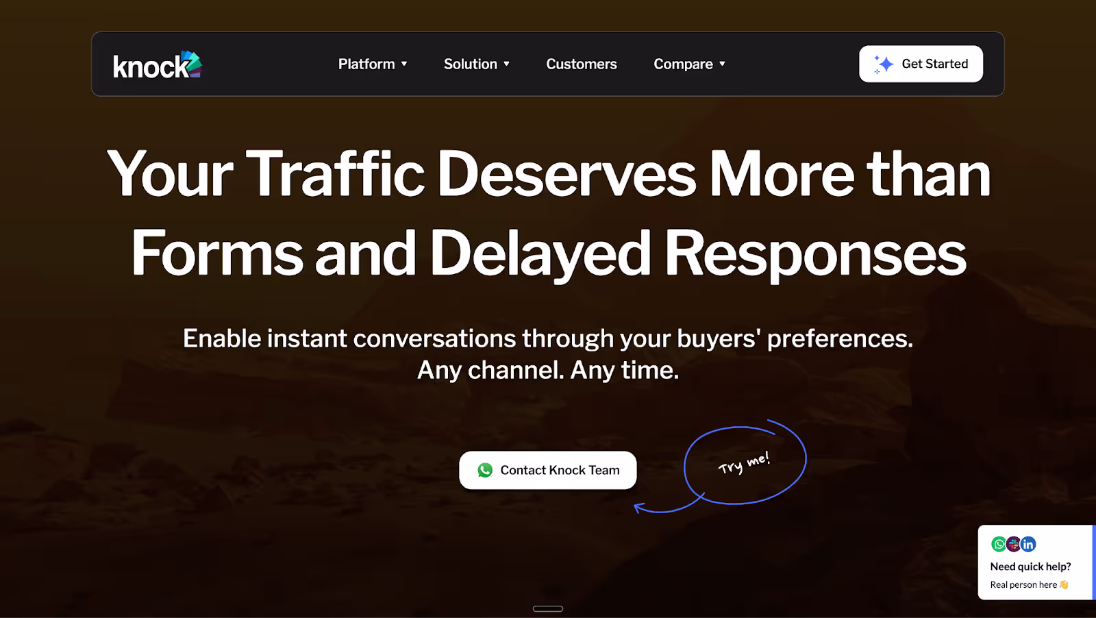 Knock AI chatbot platform helps B2B teams convert website traffic into qualified conversations on Slack, LinkedIn, or WhatsApp, streamlining buyer engagement and accelerating pipeline creation.