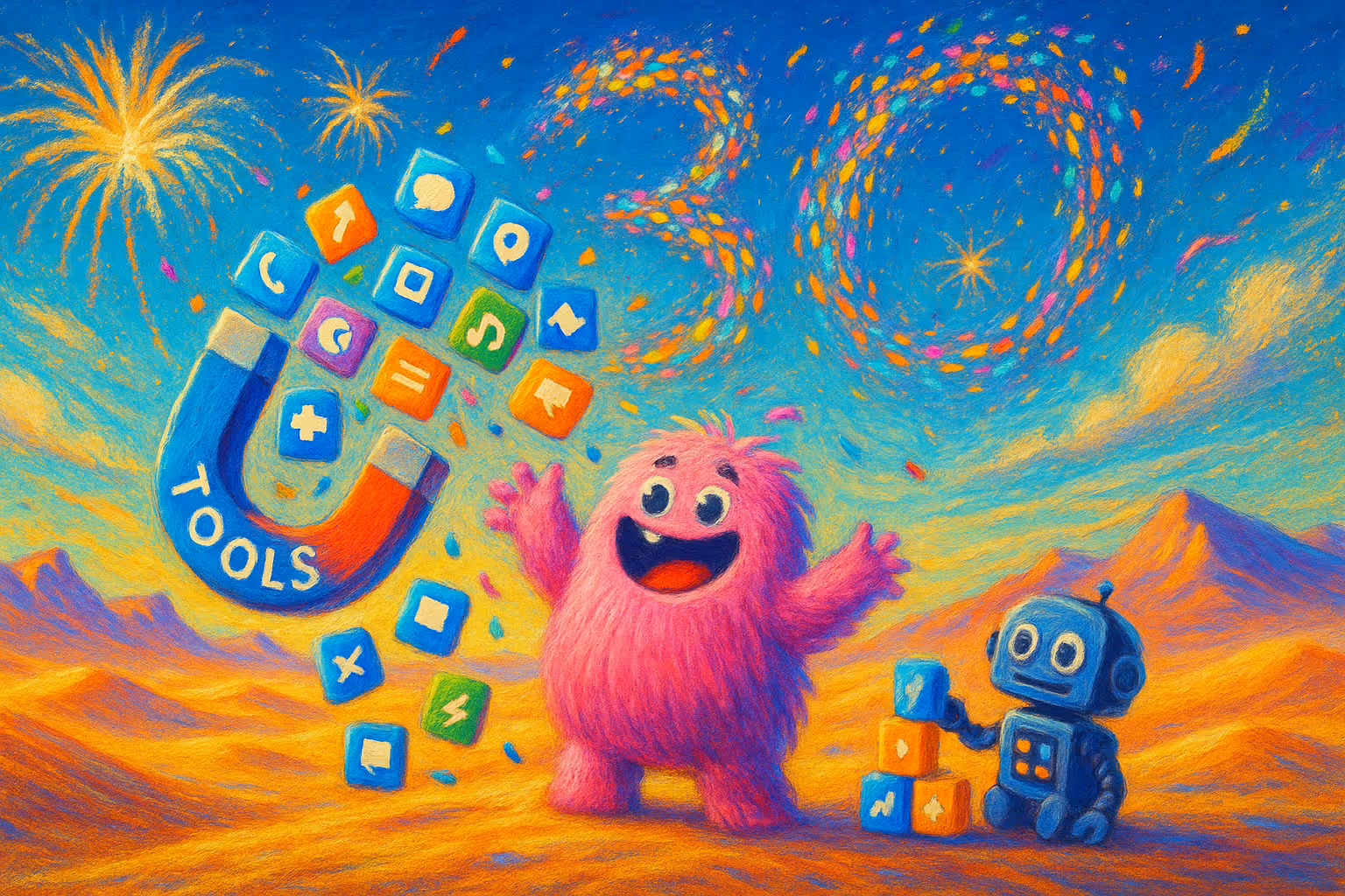 Pink creature holds magnet attracting app icons forming number 30 in colorful sky as robot stacks blocks in desert landscape, highlighting B2B lead generation tools for sales growth.