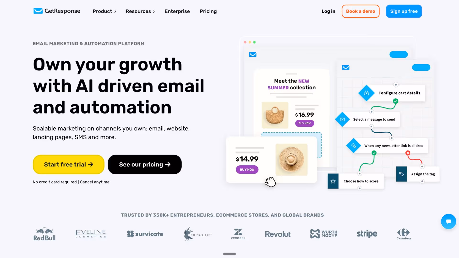 GetResponse hero flows $16.99 summer bag to $14.99 hat via AI email sequence, proving cart-recovery automation for B2B lead generation tools.