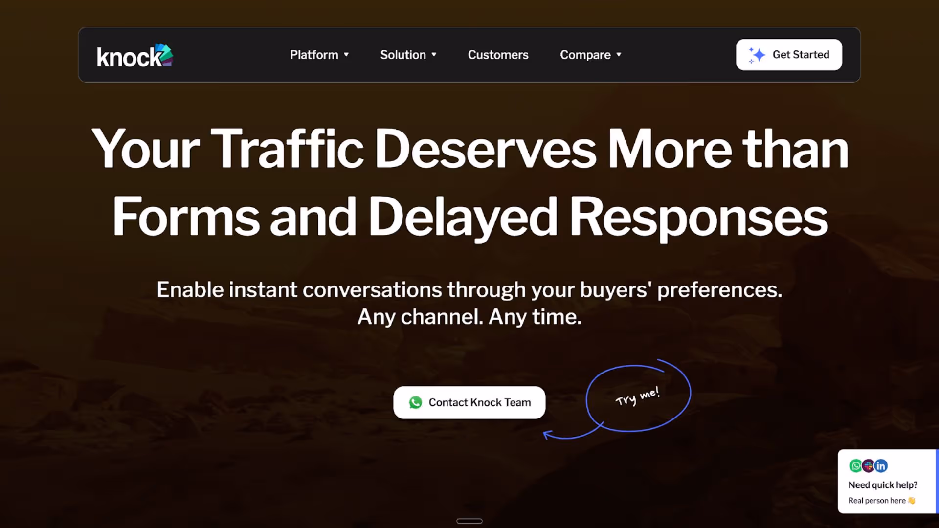 Knock AI homepage banner invites visitors to contact team via WhatsApp bubble, replacing forms with instant Slack conversations for B2B lead generation tools.
