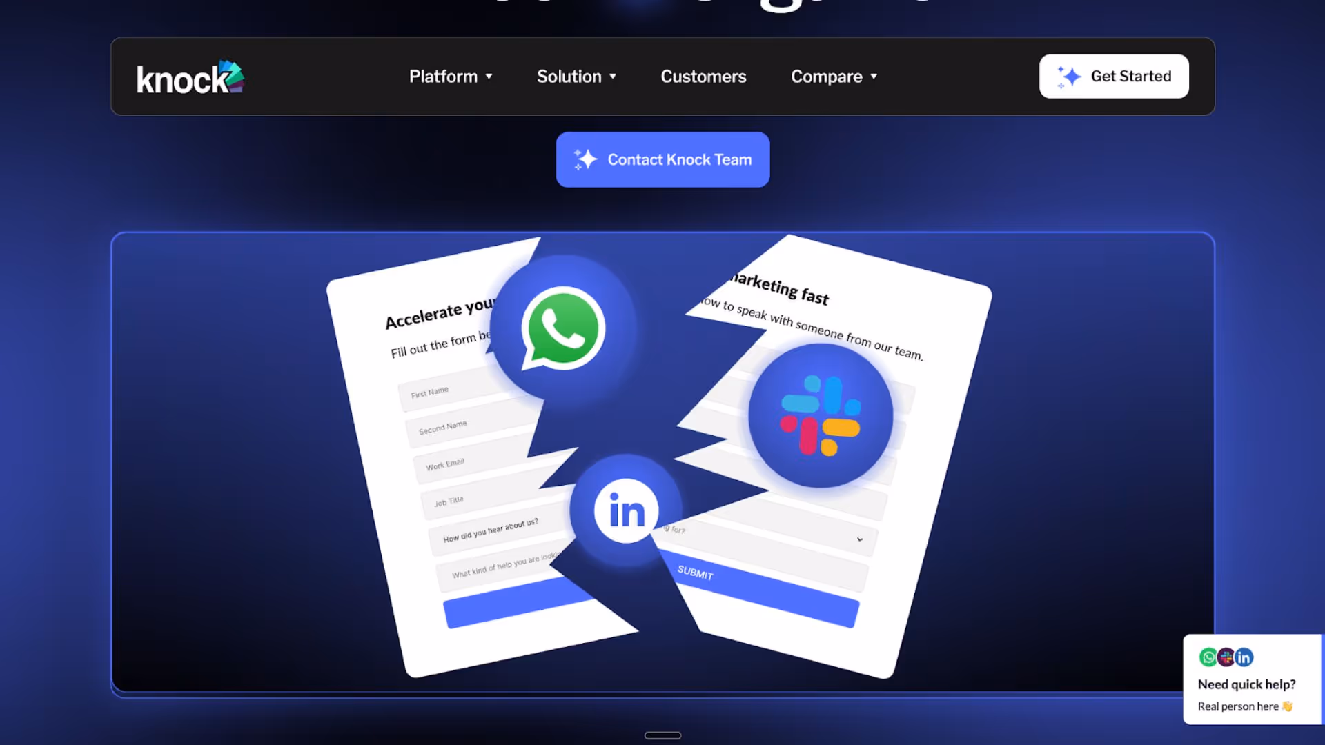 Knock AI illustration connects website form to WhatsApp, Slack, and LinkedIn icons, routing high-intent buyers instantly via B2B lead generation tools.