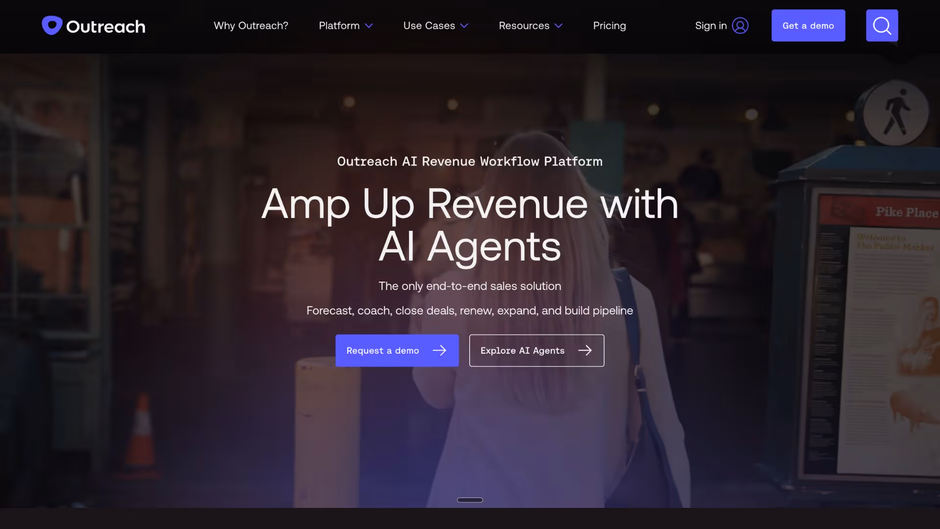 Outreach AI hero overlays NYC street scene with “Request a demo” button, fueling enterprise sequences via B2B lead generation tools.