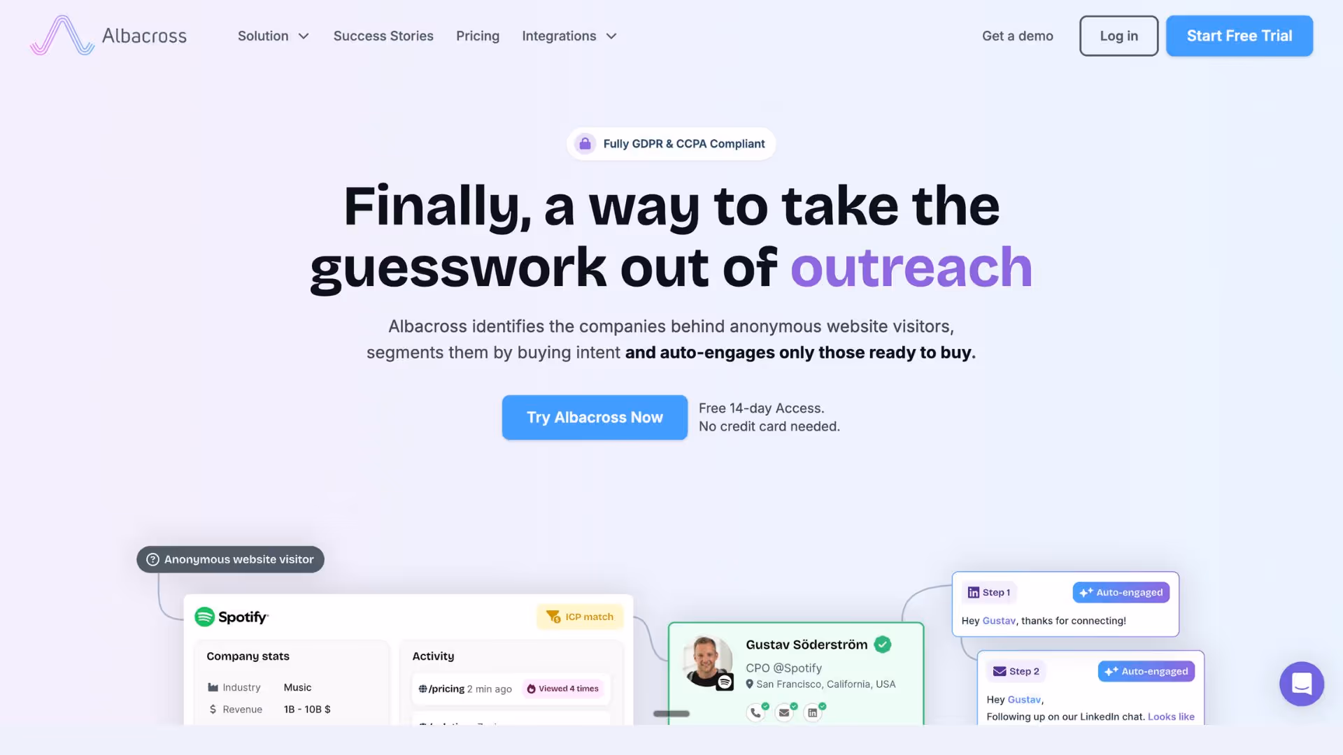 Albacross flow spots Spotify visitor, scores engagement, and Slack-pings Gustav with one-click connect using B2B lead generation tools.