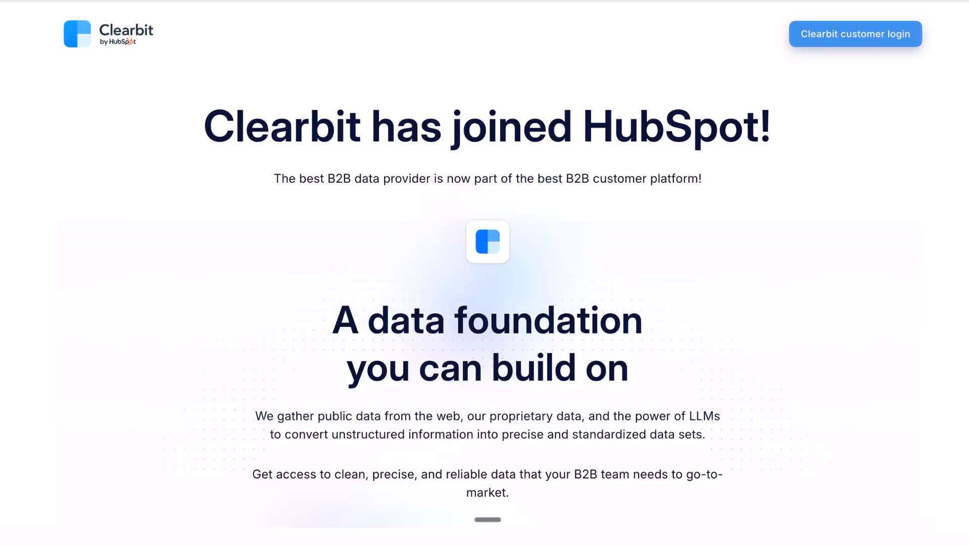 Clearbit announcement banner celebrates joining HubSpot above glowing data-foundation illustration, enriching every form with B2B lead generation tools.