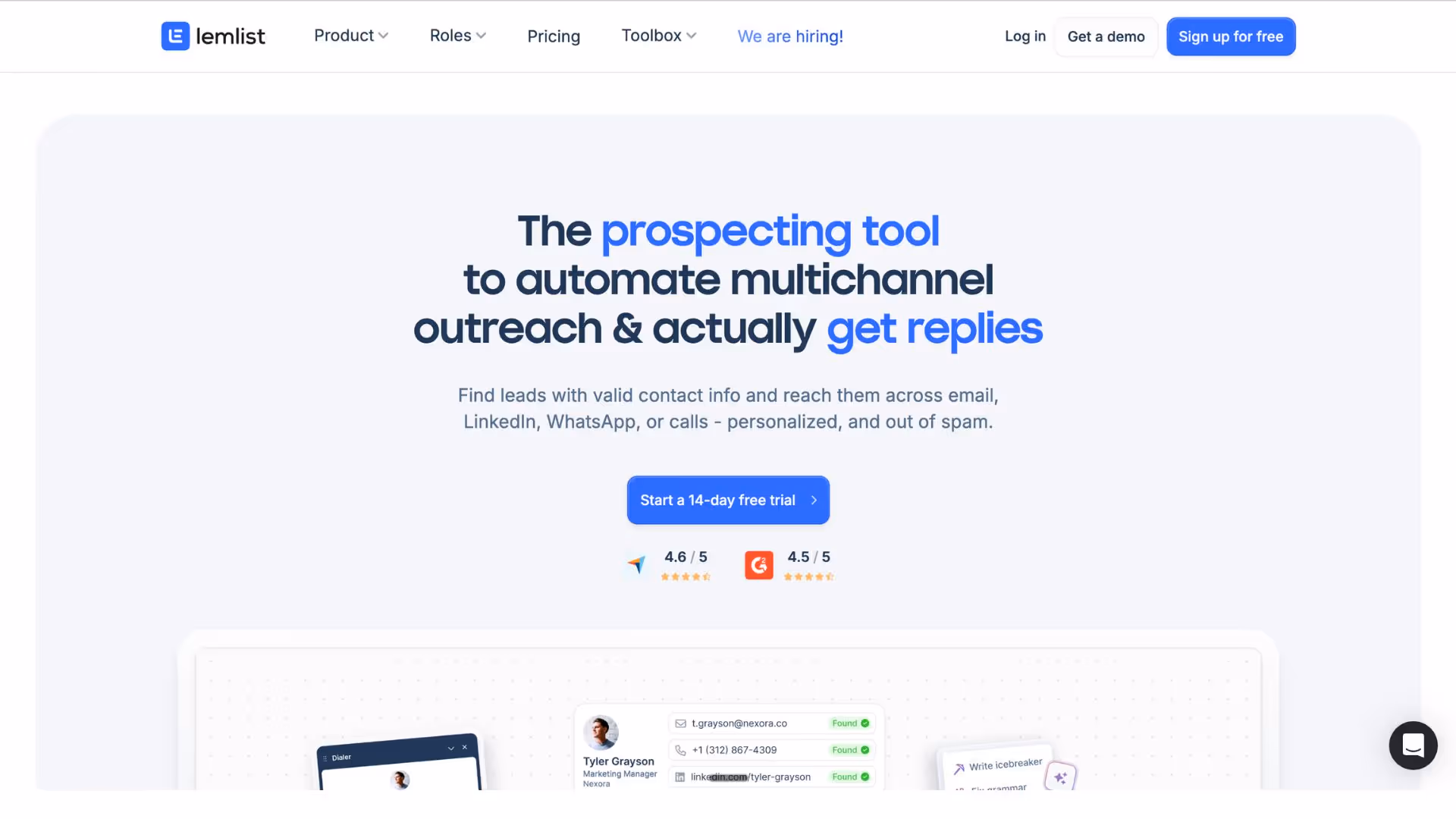 Lemlist hero showcases three live email previews under 4.6-star G2 badge, automating multichannel cold outreach with B2B lead generation tools.