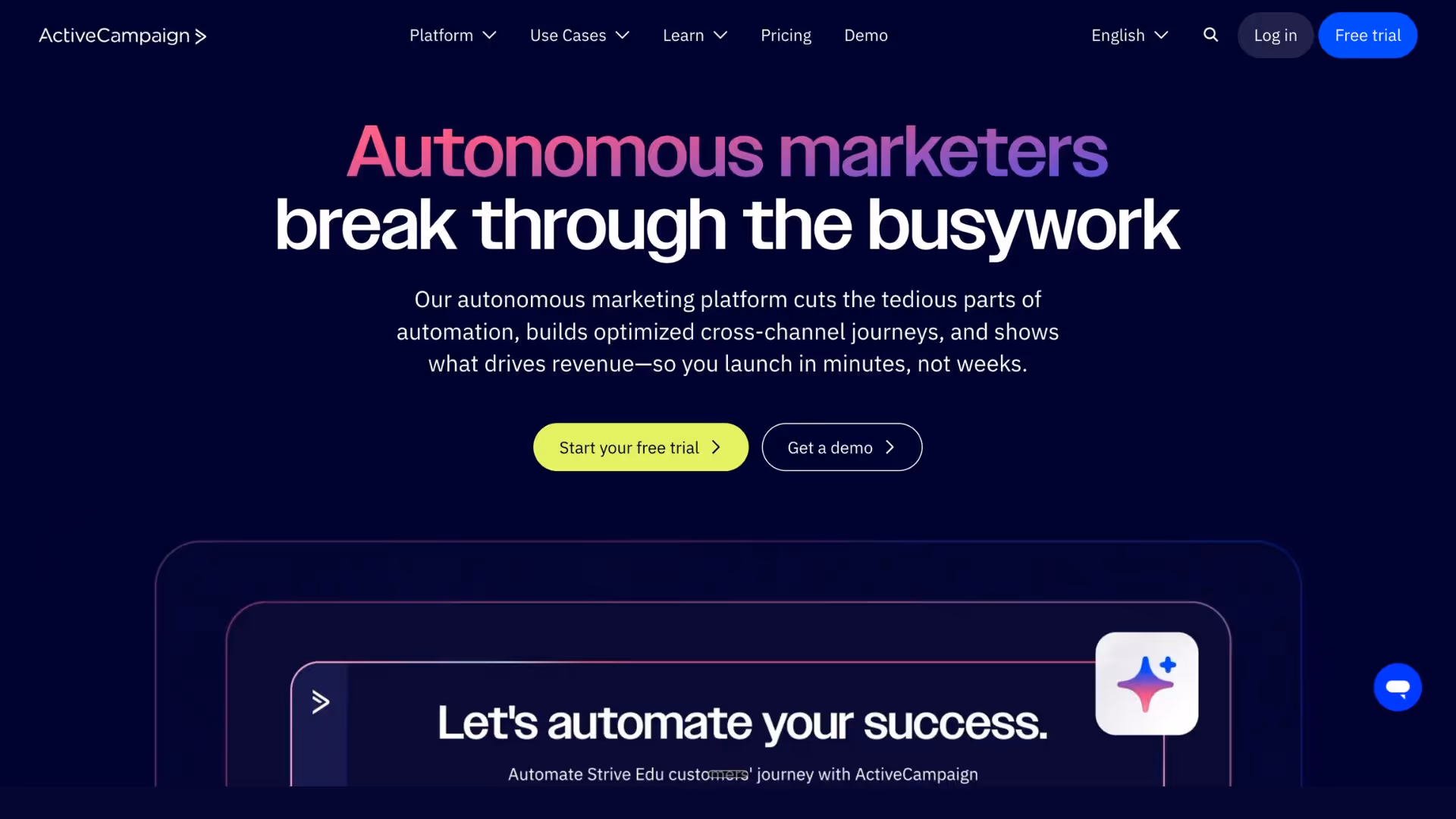 ActiveCampaign dark hero glows with “Start your free trial” button above live automation canvas for B2B lead generation tools.