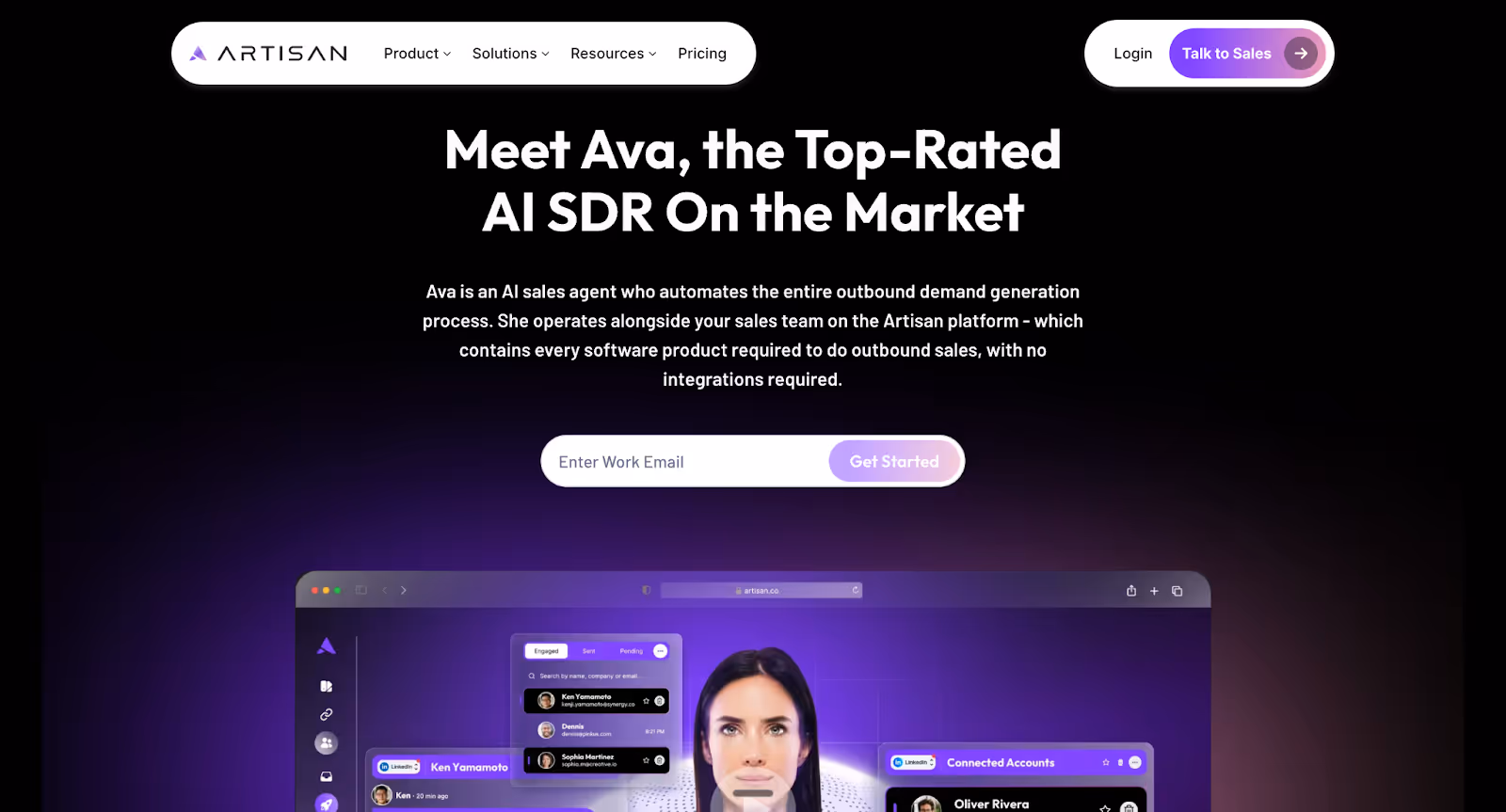 Artisan showcases Ava, an AI SDR agent that automates outbound workflows including lead sourcing, research, and email outreach to improve pipeline generation with AI SDR tools.