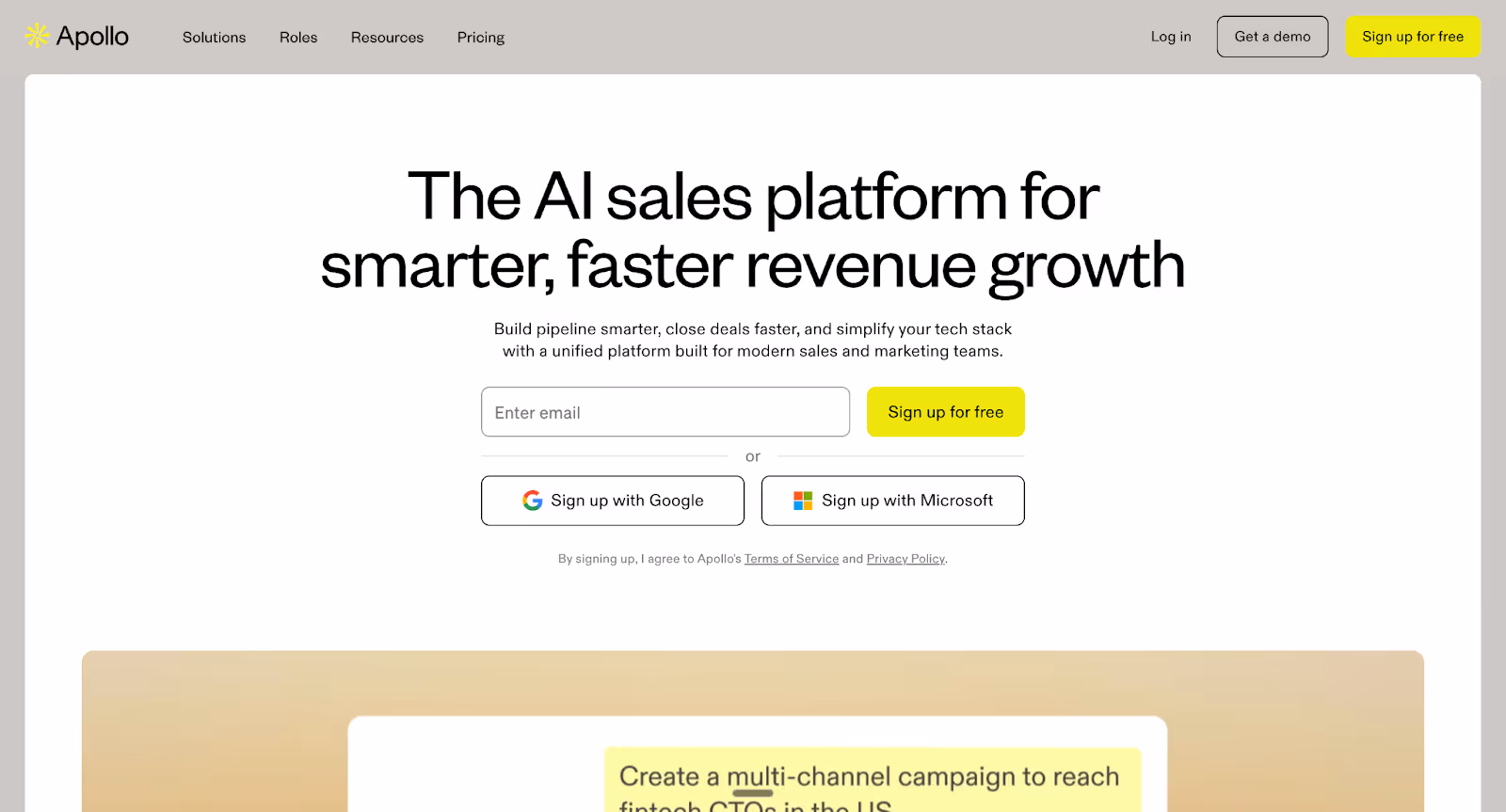 Apollo webpage highlights sign-up options and unified sales cycle features that support SDR workflows with data enrichment and automation via AI SDR tools.