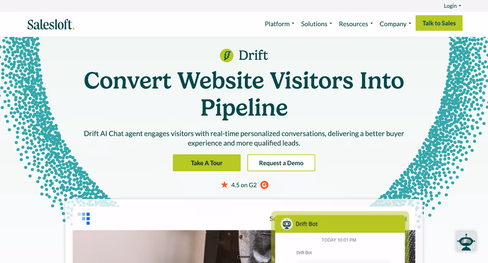 Drift AI chat agent engages website visitors in real-time conversations to qualify leads and convert traffic into pipeline using AI SDR tools.