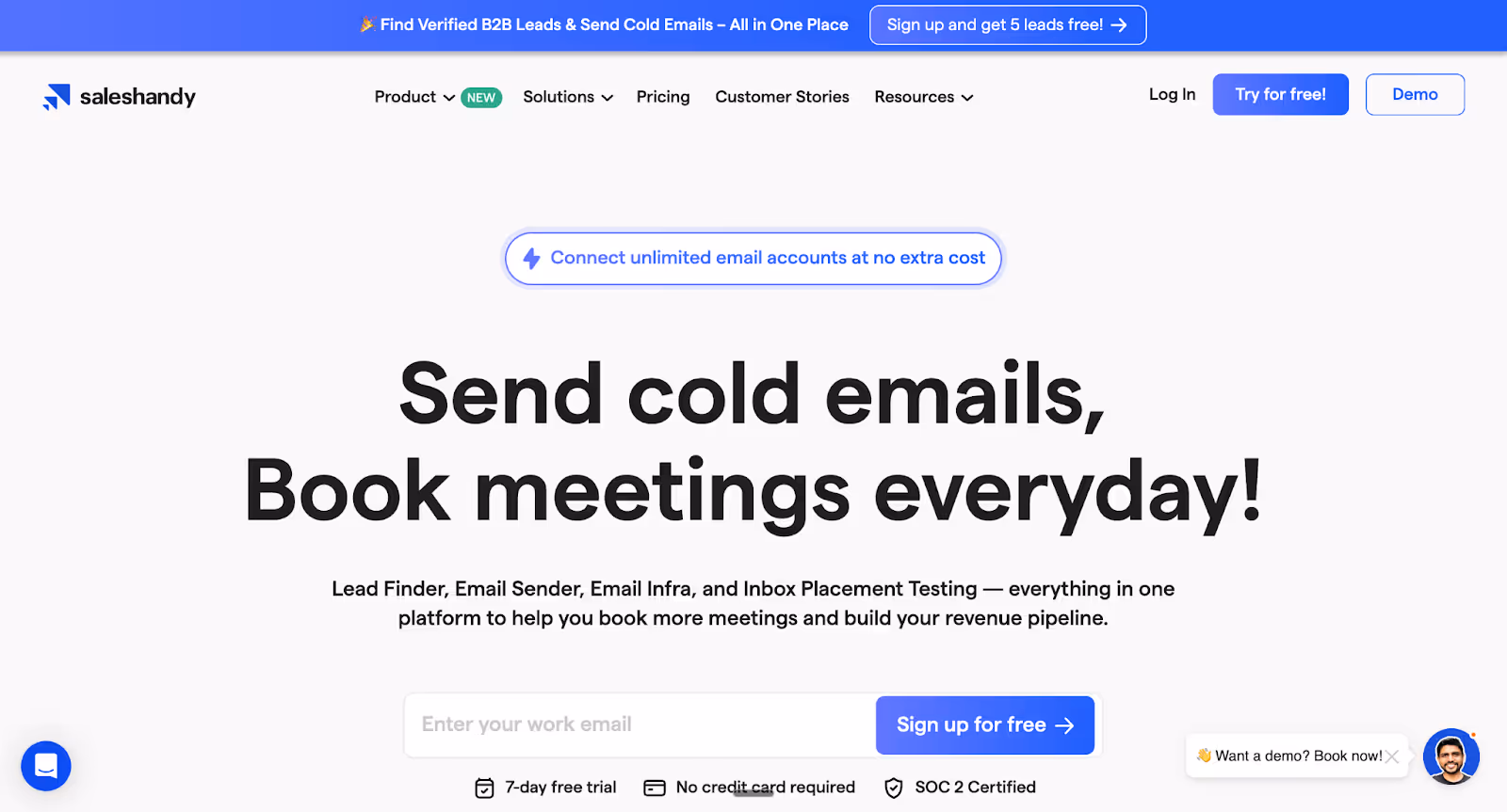 Saleshandy interface presents lead finder, email sender, and inbox testing tools designed to streamline cold outreach and meeting booking with AI SDR tools.