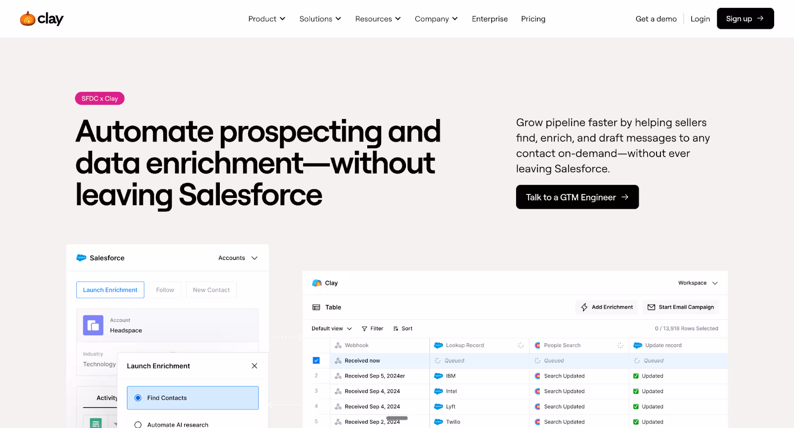 Clay interface integrated with Salesforce displays enriched contact data and workflow automation blocks that power outbound personalization using AI SDR tools.