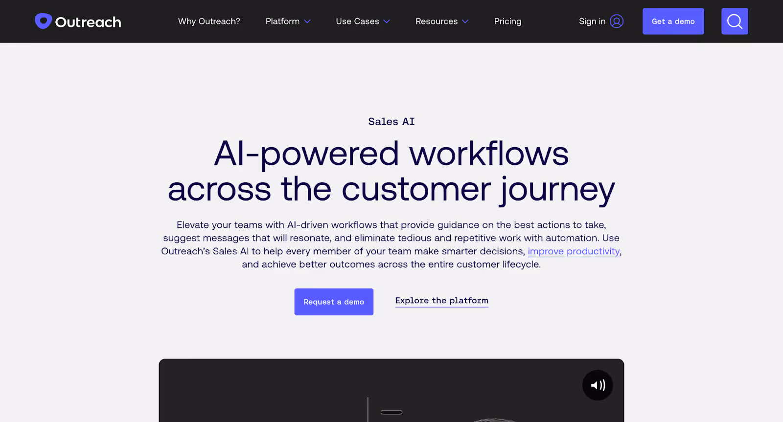 Outreach webpage highlights AI-powered workflows that help SDR teams automate tasks, optimize message timing, and manage outbound sequences using AI SDR tools.