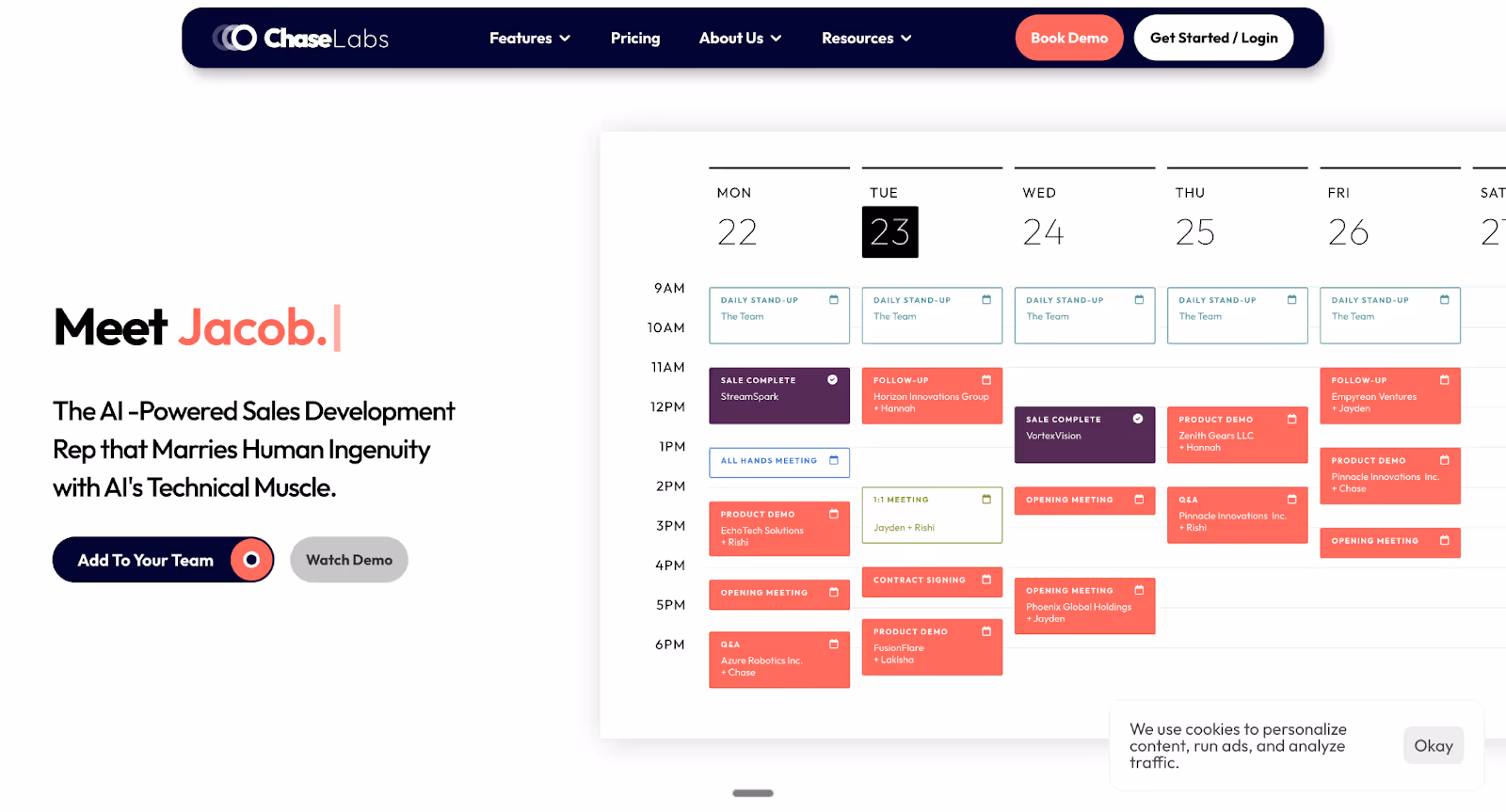 ChaseLabs calendar interface shows Jacob’s automated outreach schedule across email, calls, and meetings, demonstrating multichannel engagement via AI SDR tools.