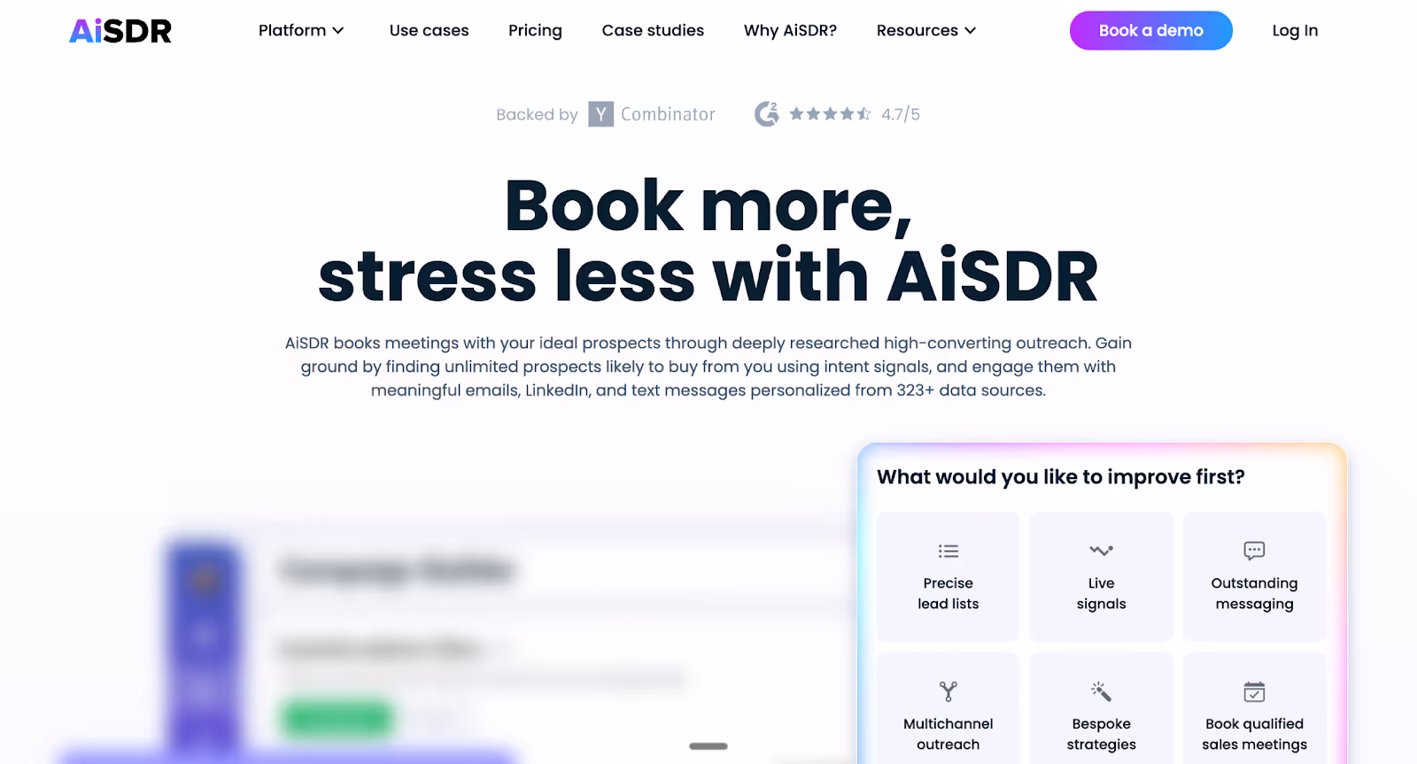 AiSDR dashboard shows campaign builder, inbox, and meeting tools used to identify buyers, automate outreach, and sync results with CRM using AI SDR tools.