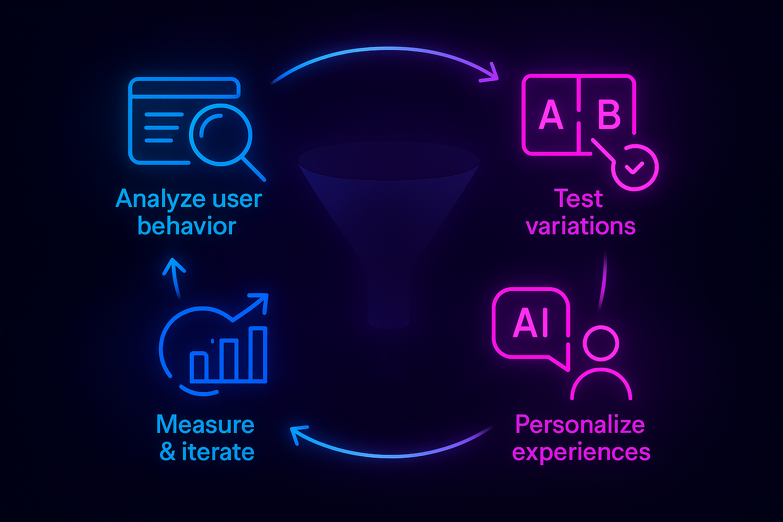 A four-step loop diagram shows how CRO tools improve user journeys, starting with analyzing user behavior and progressing to testing variations, personalizing experiences, and measuring results.