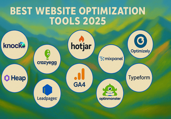 A collection of ten logos for various software, including Knock AI, Hotjar, Crazy Egg, and Optimizely, shows the best website Conversion Rate Optimization tools for 2025.