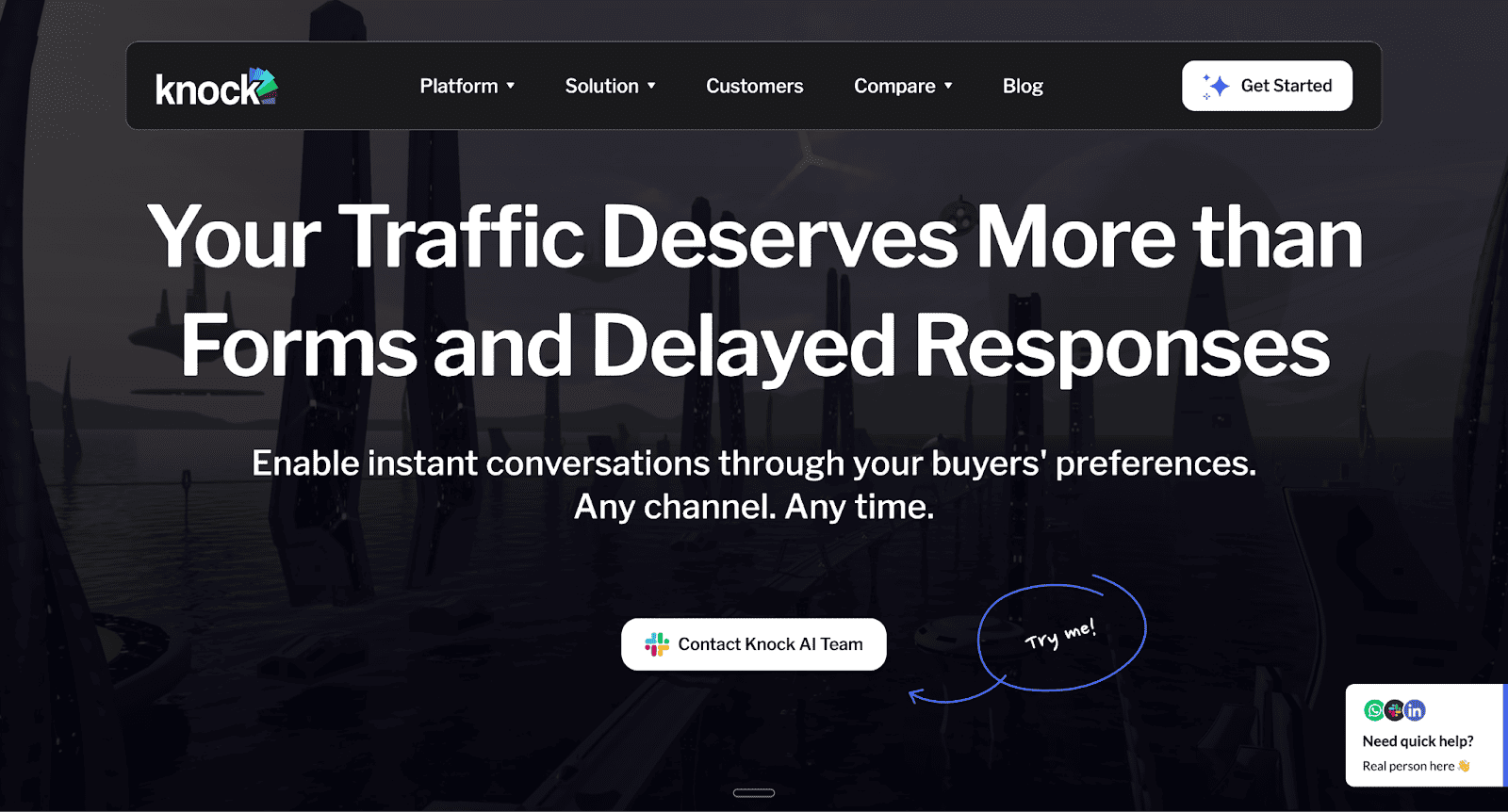 The website hero section for Knock AI states, "Your Traffic Deserves More than Forms and Delayed Responses," promising instant, personalized conversations to turn visitors into pipeline.
