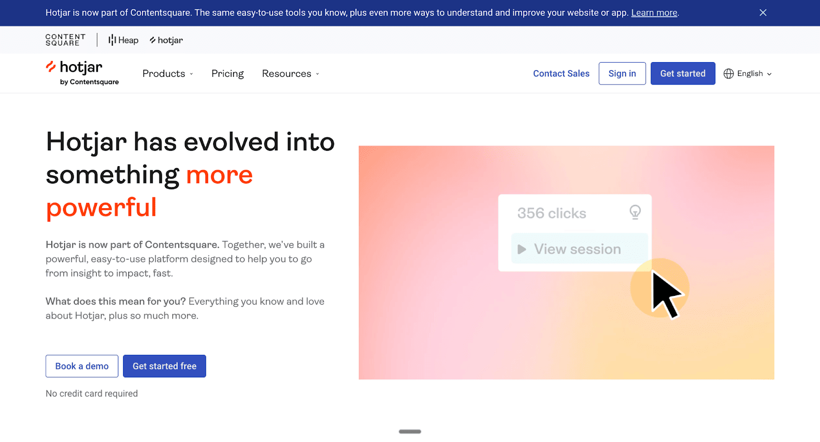 The landing page for Hotjar, now part of Contentsquare, displays a visual representation of the platform's session recording feature with a cursor tracking 356 clicks.