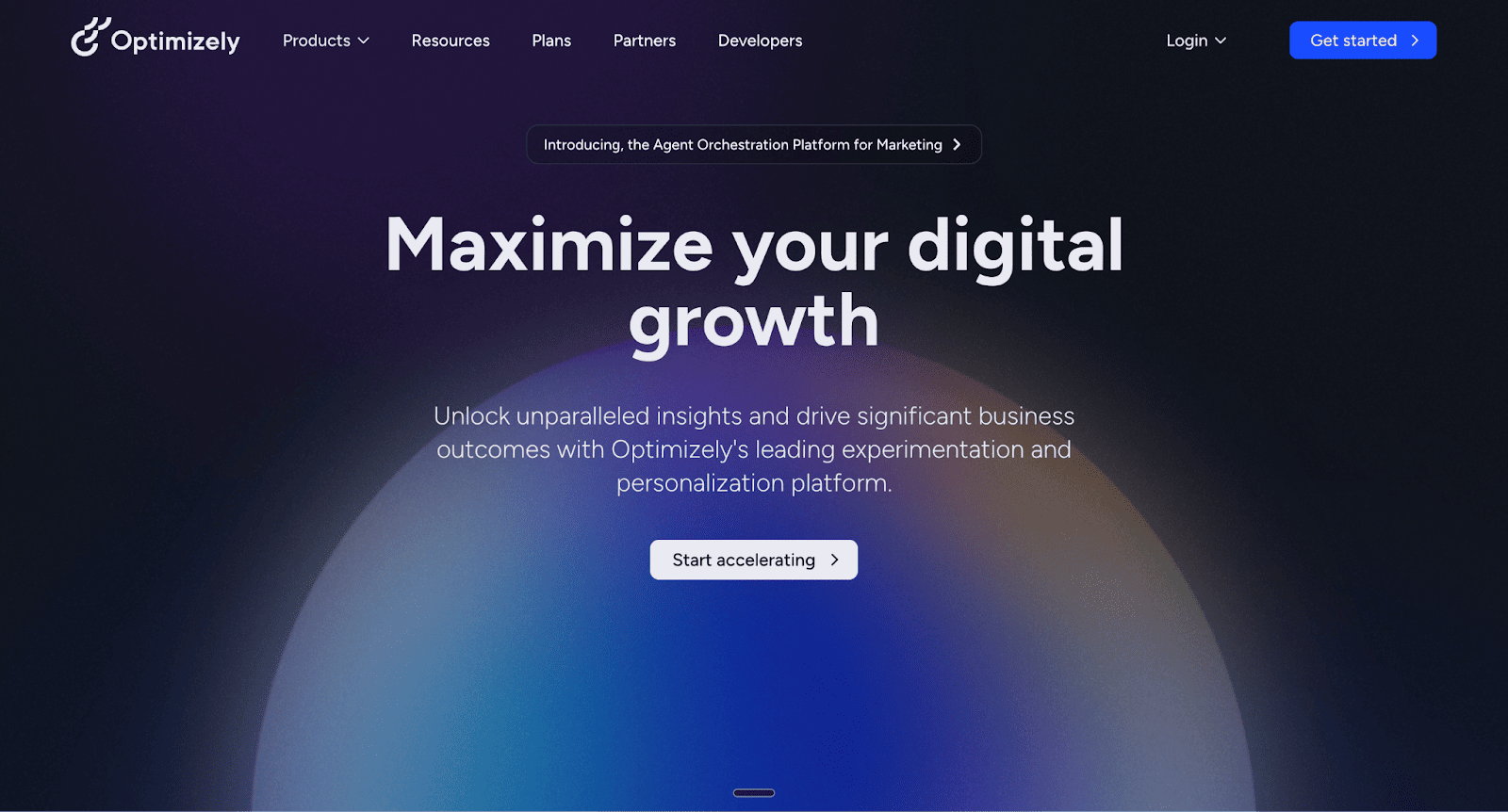 The website hero section for Optimizely displays the headline, "Maximize your digital growth," and promotes its leading experimentation and personalization platform.