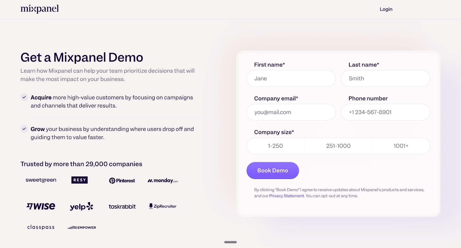 The landing page for Mixpanel features a form to "Get a Mixpanel Demo" and highlights the benefit of acquiring and growing more high-value customers.