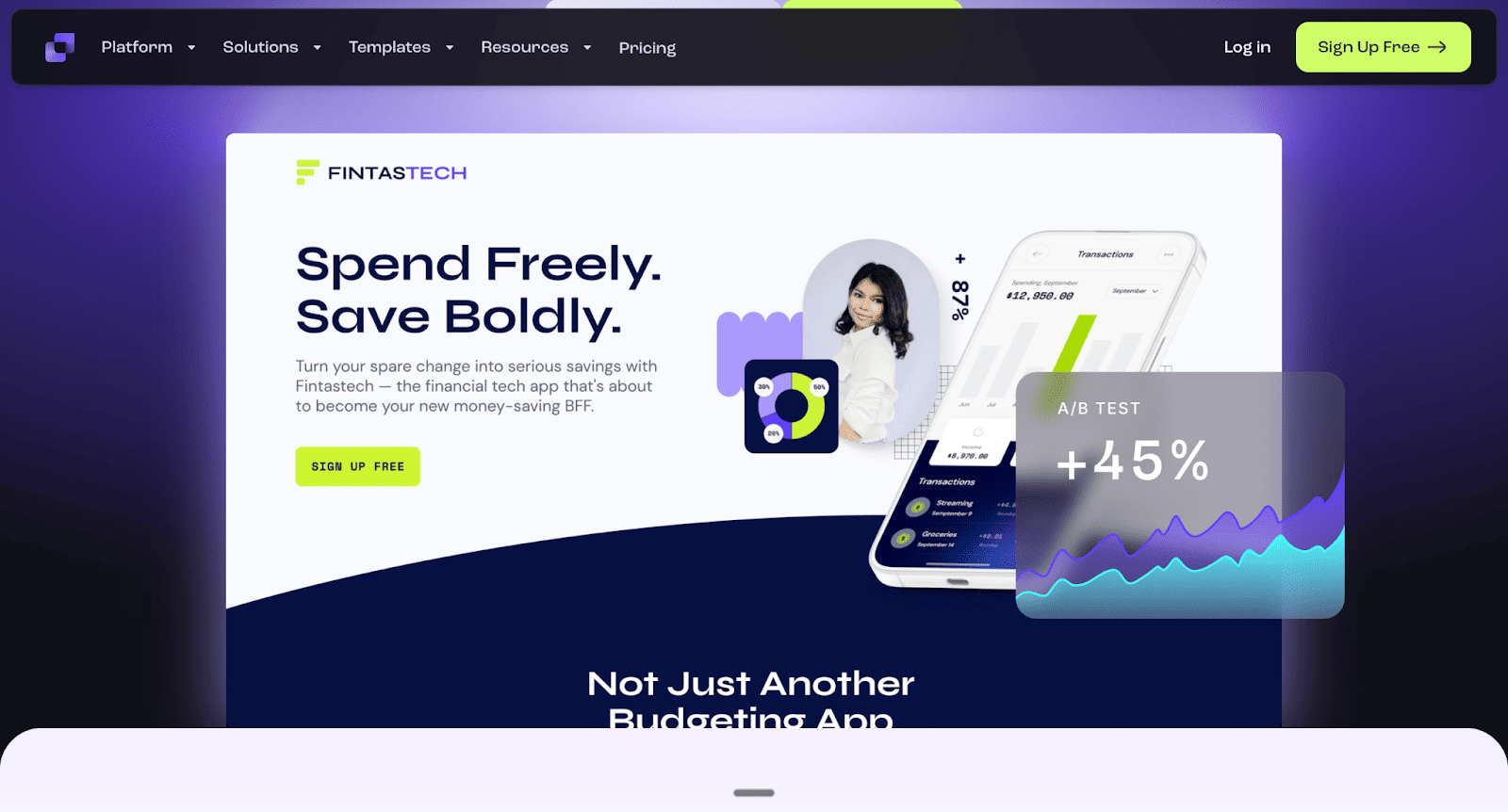 The homepage for LeadPages displays a visually appealing mobile-responsive landing page template with an overlay showing an A/B test result of +45%.