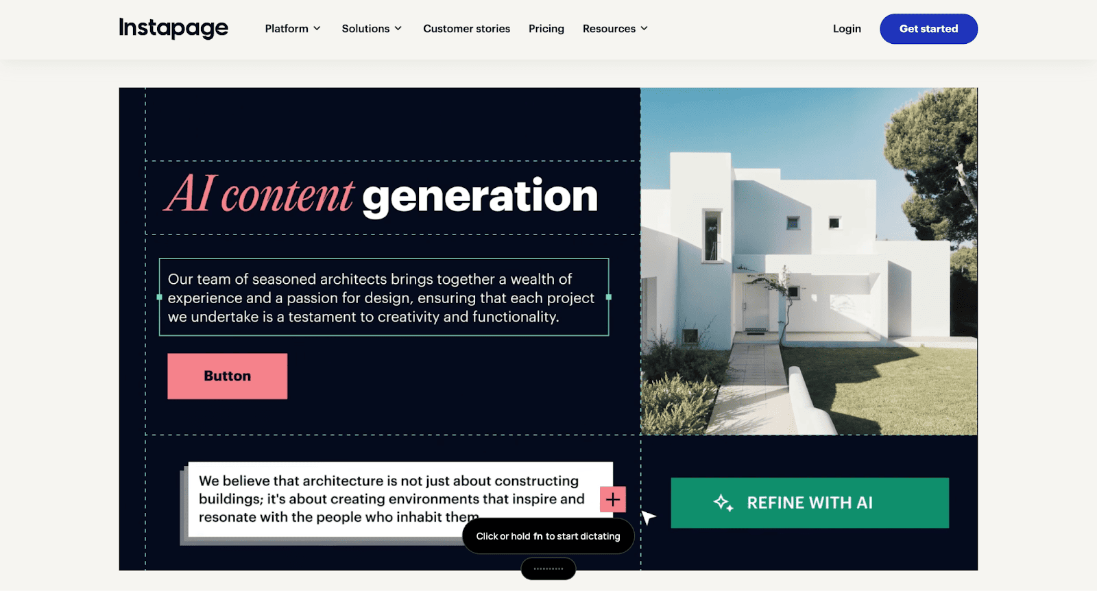 The homepage for Instapage showcases an AI content generation feature that enables users to refine landing page copy using artificial intelligence.