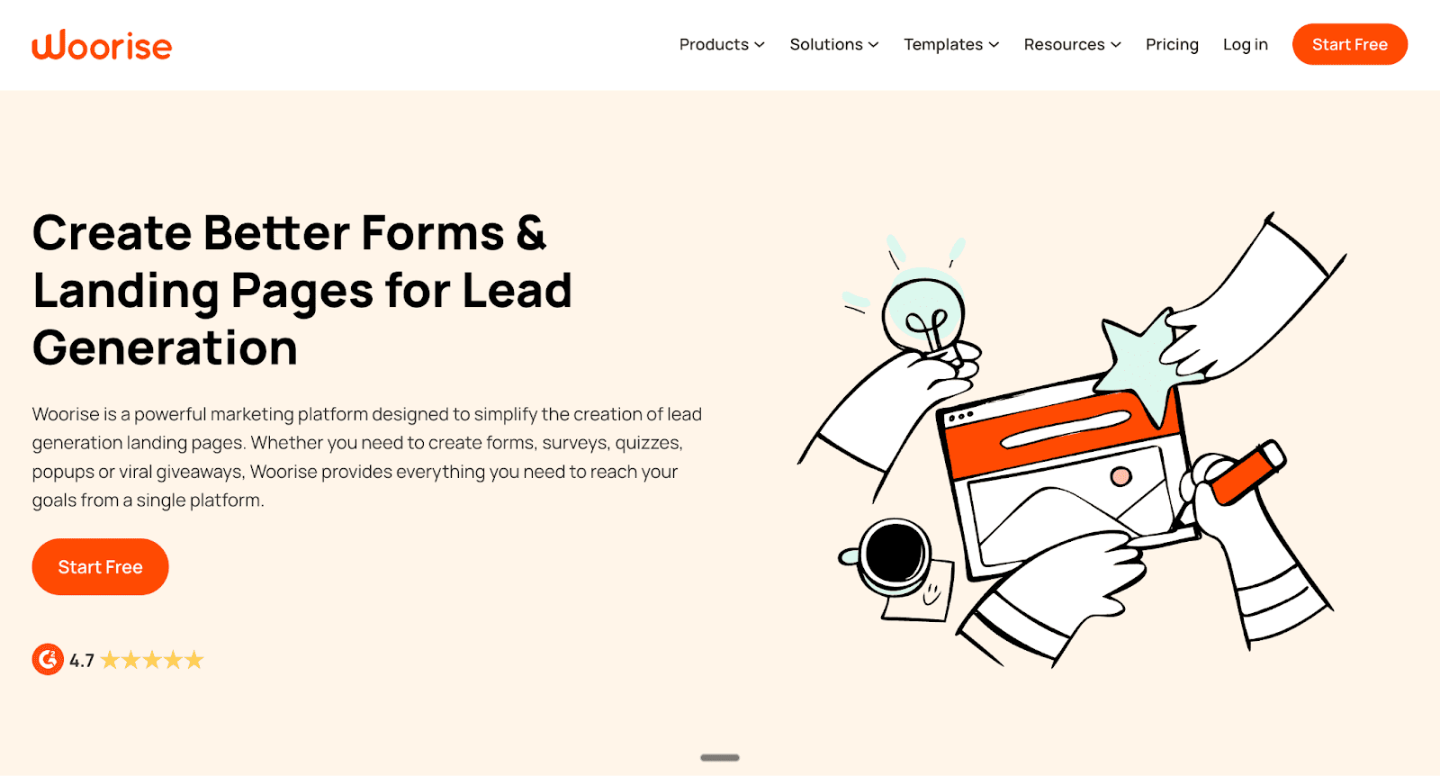 The landing page for Woorise features the benefit statement, "Create Better Forms & Landing Pages for Lead Generation," alongside an illustration of collaborative campaign building.