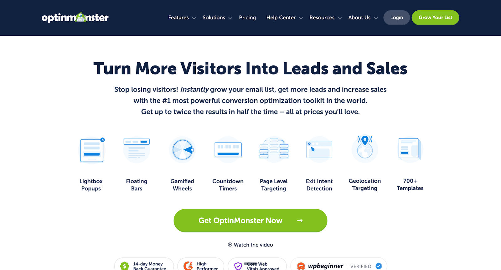 The hero section of the OptinMonster website displays seven distinct conversion toolkit features, including Lightbox Popups and Exit-Intent Detection, promising to turn more visitors into leads and sales.