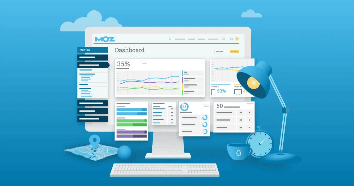 An illustrative dashboard of Moz Pro displays various website performance metrics, including a 35% overall score, on a desktop monitor with a desk lamp and clock.