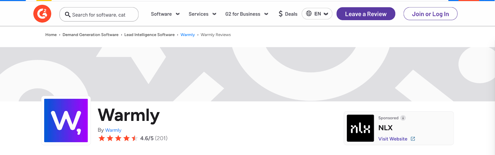 A review page on G2 highlights the software Warmly, which has an average rating of $\mathbf{4.6/5}$ based on $\mathbf{201}$ reviews and is listed under the categories Demand Generation Software and Lead Intelligence Software.