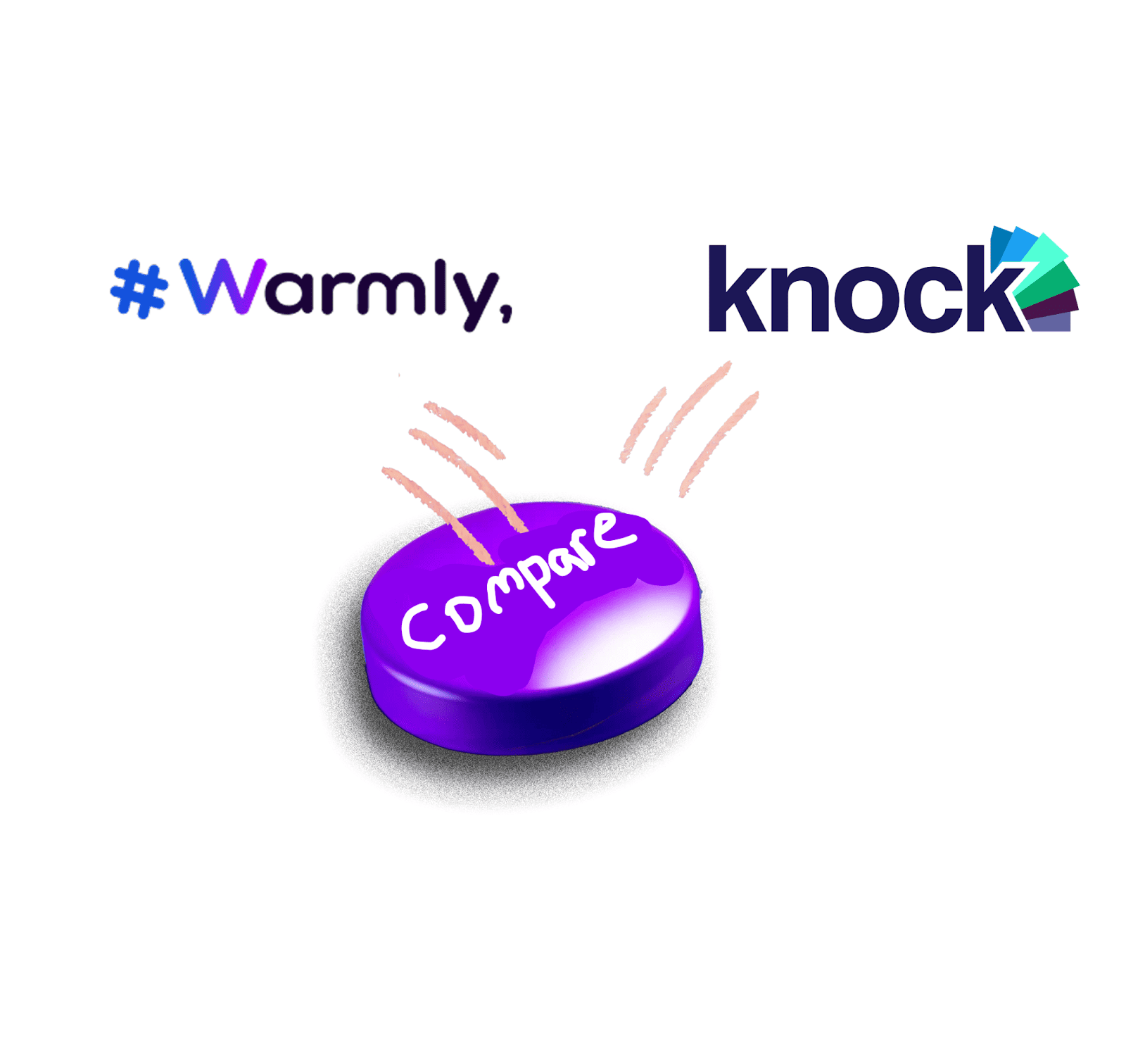 The logos for #Warmly and Knock appear above a bright purple, three-dimensional button that is labeled "Compare" and surrounded by animated jump lines.