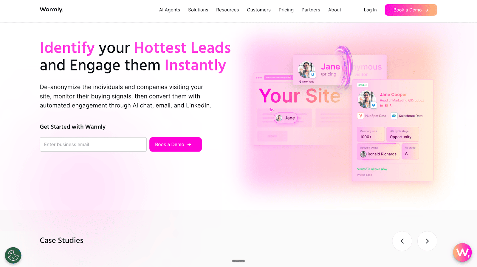 The hero section of the Warmly website features the headline "Identify your Hottest Leads and Engage them Instantly," next to a blurred image of a buyer intent dashboard.