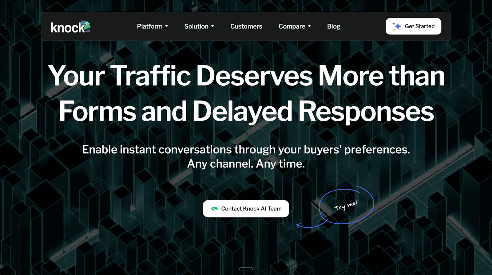 The hero section of the Knock AI website states, "Your Traffic Deserves More than Forms and Delayed Responses," promoting instant conversations to solve the engagement gap.