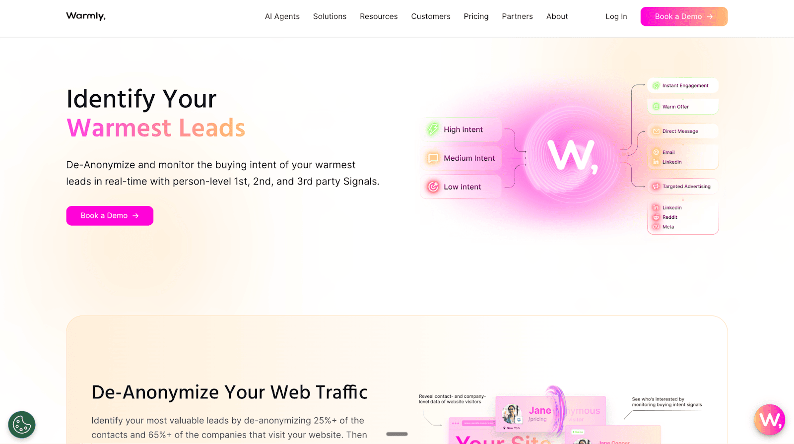 The Warmly website shows a landing page section with a pink flow chart illustrating buyer intent signals, including High, Medium, and Low intent, for identifying your warmest leads.