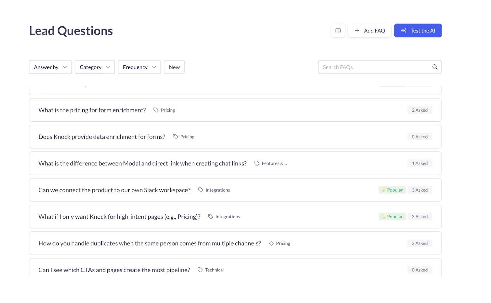A dashboard titled "Lead Questions" displays a list of frequently asked questions, including those related to pricing, data enrichment for forms, Slack integration (labeled "Popular"), and duplicate handling.