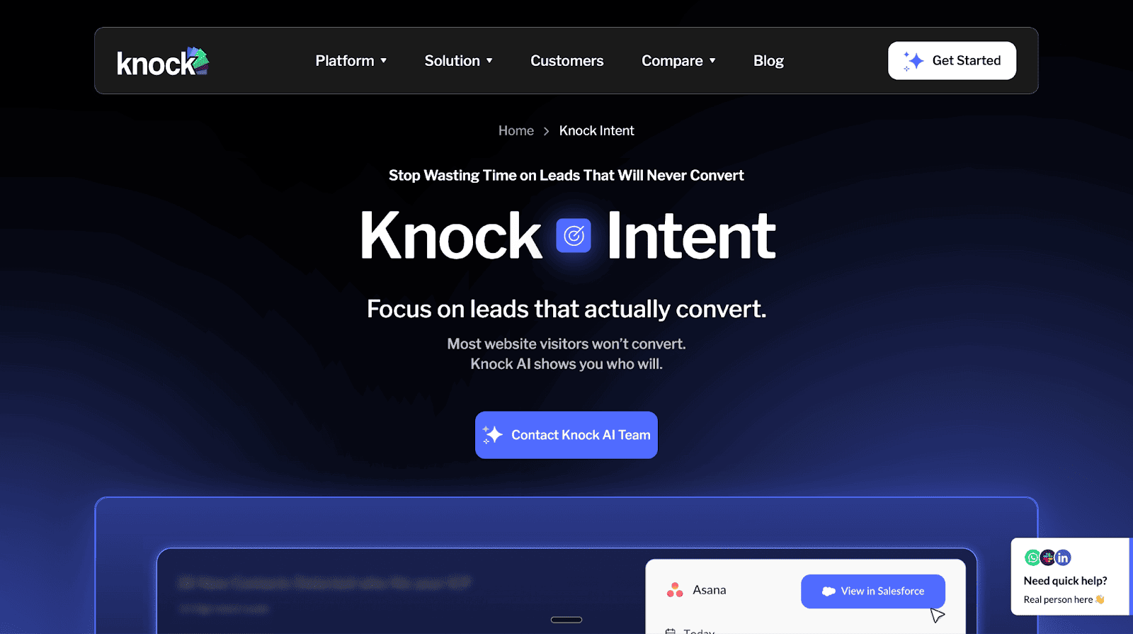 The landing page for Knock Intent features a dark, professional design with the headline: "Knock $\text{Intent}$" (with a target icon replacing the 'o'), promoting the ability to "Focus on leads that actually convert."