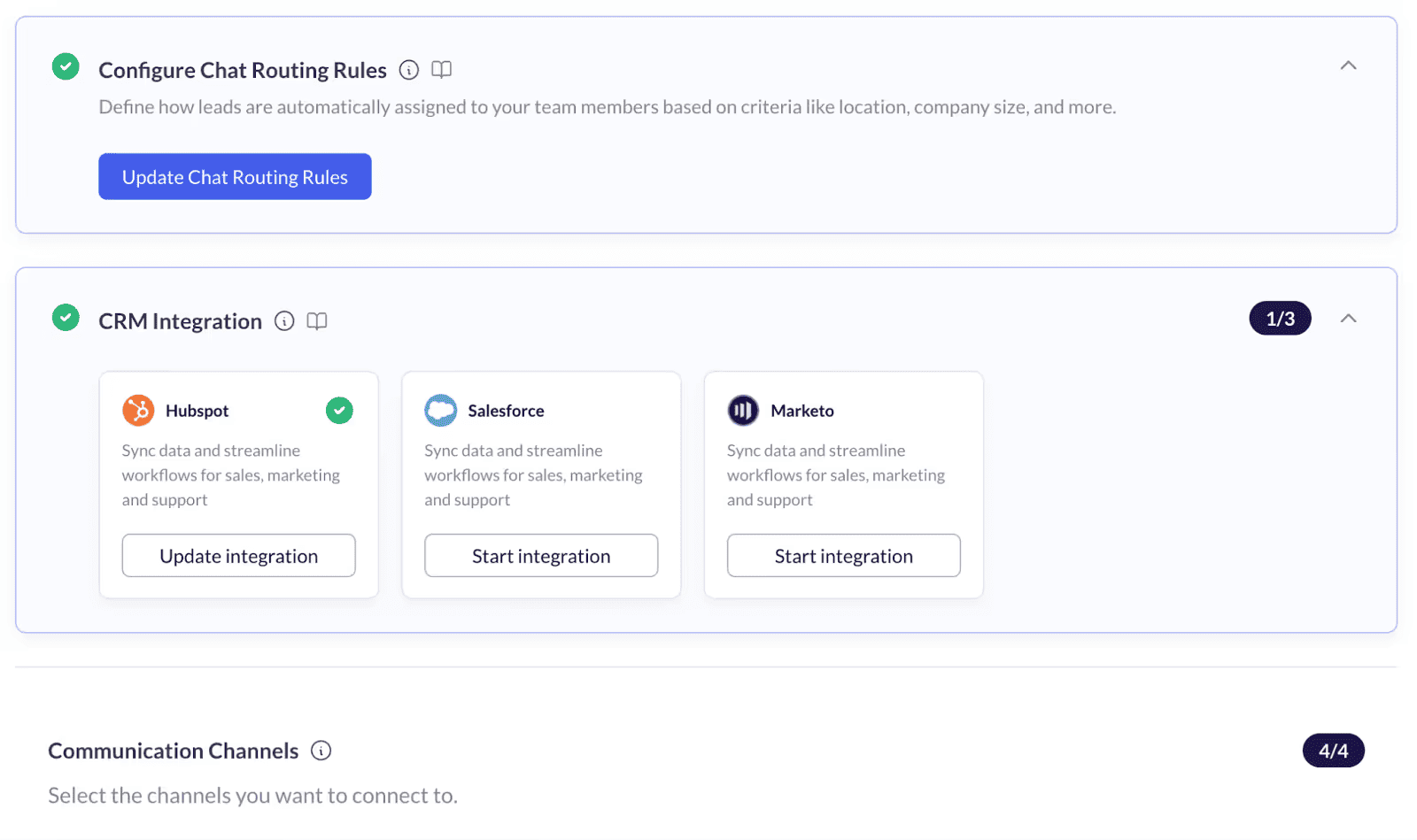 A Knock AI configuration page shows options to Configure Chat Routing Rules and integrate with major CRMs like Hubspot, Salesforce, and Marketo for data synchronization.