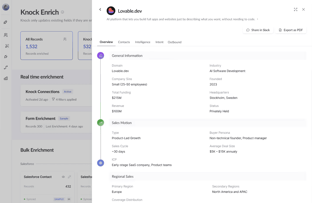 A software dashboard shows the Knock Enrich feature tracking $\mathbf{1,532}$ enriched records alongside a detailed company profile for Lovable.dev displaying funding, revenue, and sales motion data.