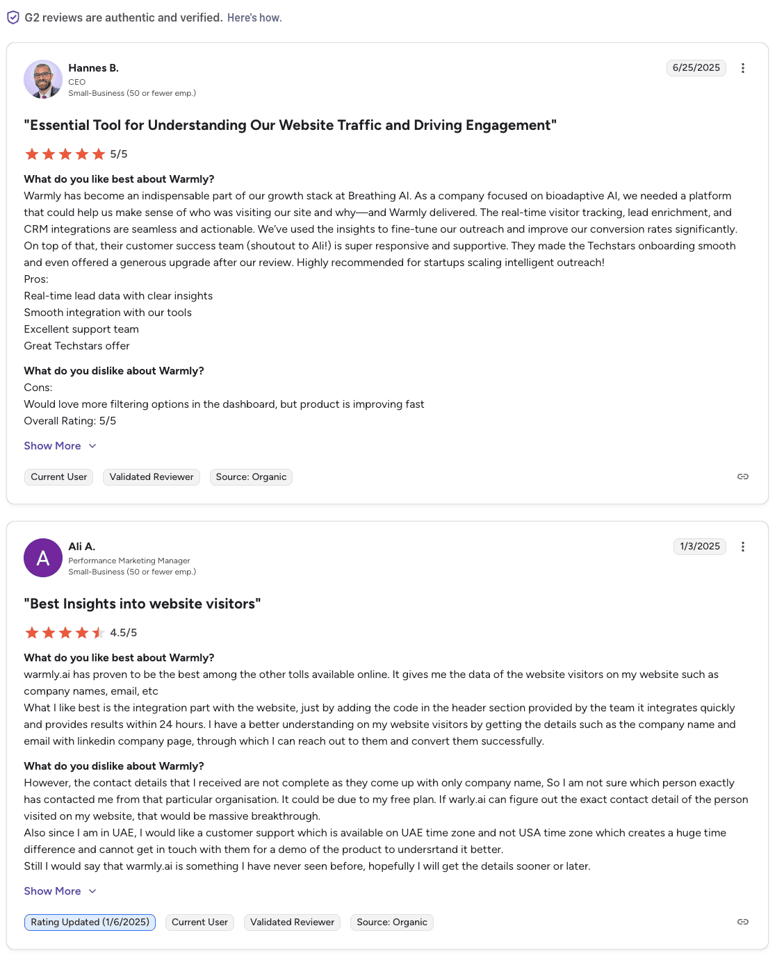 A G2 reviews page displays two customer testimonials for Warmly, with ratings of 5/5 and 4.5/5, praising its features like real-time visitor tracking, CRM integrations, and providing best insights into website visitors.