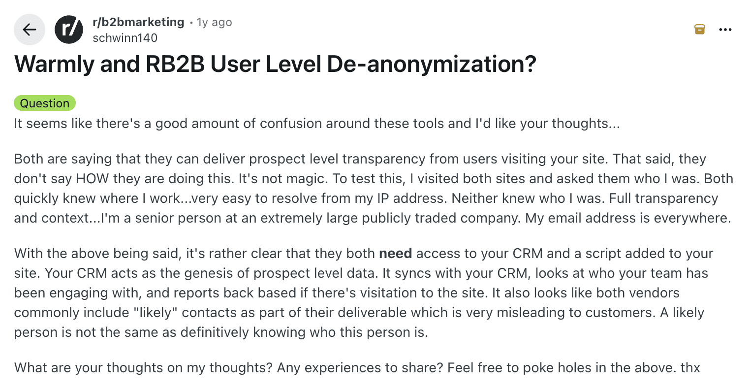 A Reddit thread on r/B2Bmarketing asks a question about Warmly and RB2B User Level De-anonymization, summarizing community feedback that questions how the tool performs person-level de-anonymization and noting its dependency on CRM access and known first-party data.