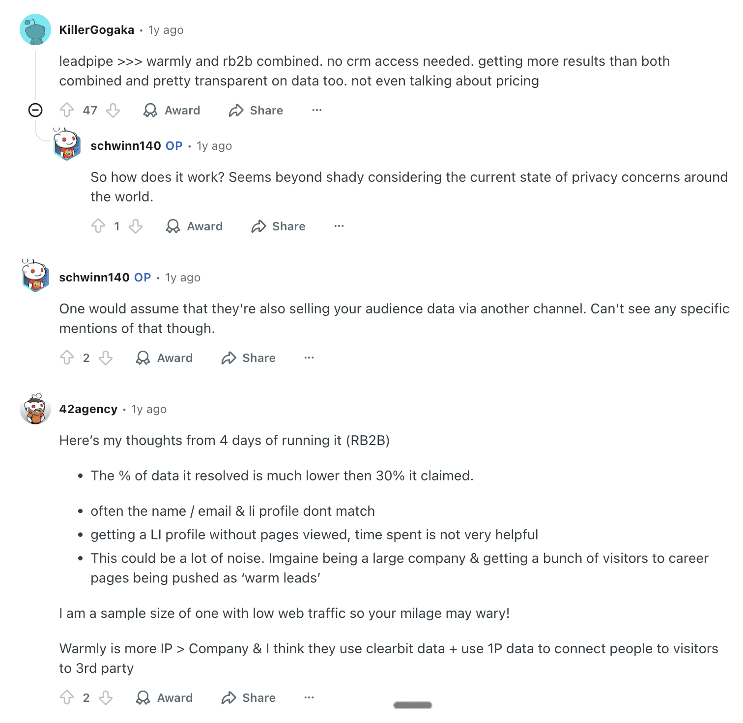 A Reddit thread discussing lead intelligence software includes user feedback that suggests combining Warmly and RB2B with Leadpipe to get better results, while others question the privacy implications and the accuracy of the data enrichment claims.
