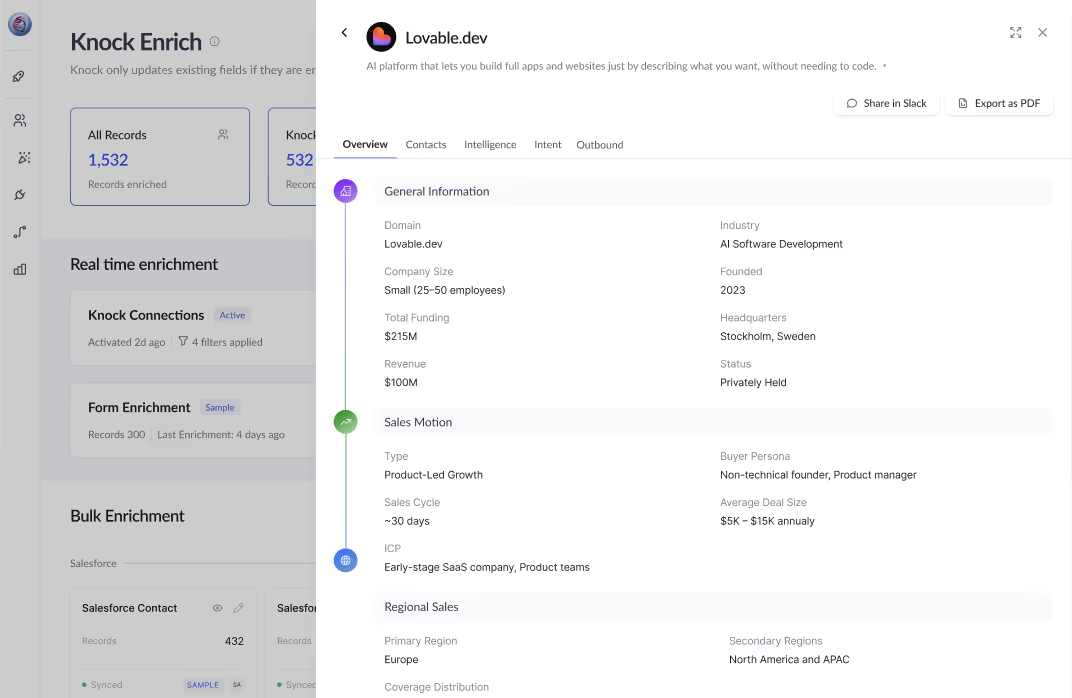 A software dashboard displays the Knock Enrich feature tracking 1,532 enriched records alongside a company profile for Lovable.dev with details on funding ($215M), revenue ($100M), and a Product-Led Growth sales motion.