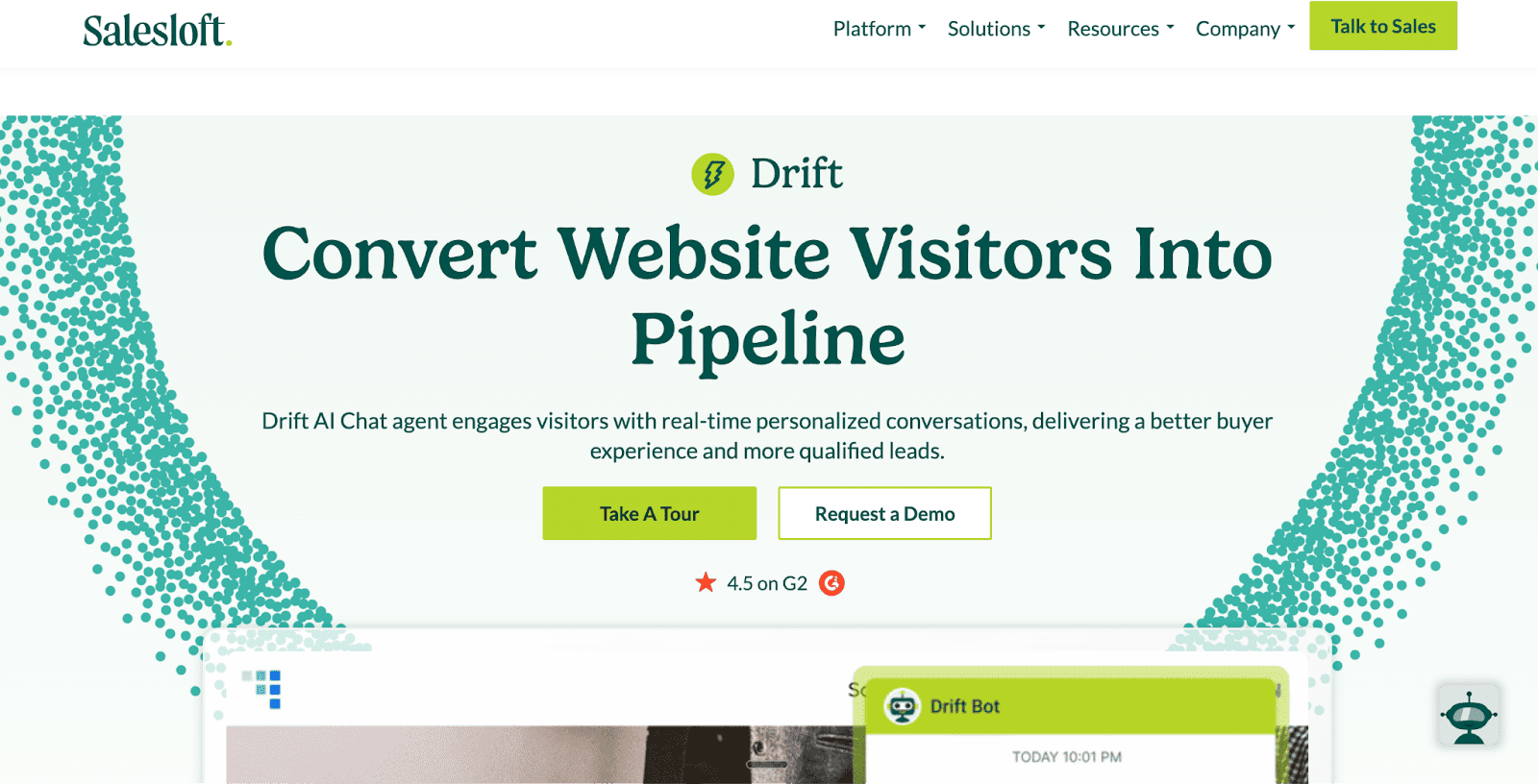 A promotional webpage for Drift on the Salesloft domain features the headline Convert Website Visitors Into Pipeline, describing how the Drift AI Chat agent engages visitors with real-time personalized conversations to deliver a better buyer experience.