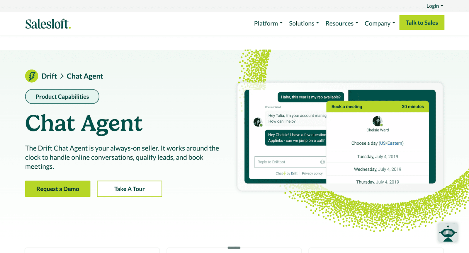 A product capabilities page on the Salesloft website highlights the Drift Chat Agent, describing it as an always-on seller that works around the clock to handle online conversations, qualify leads, and book meetings.