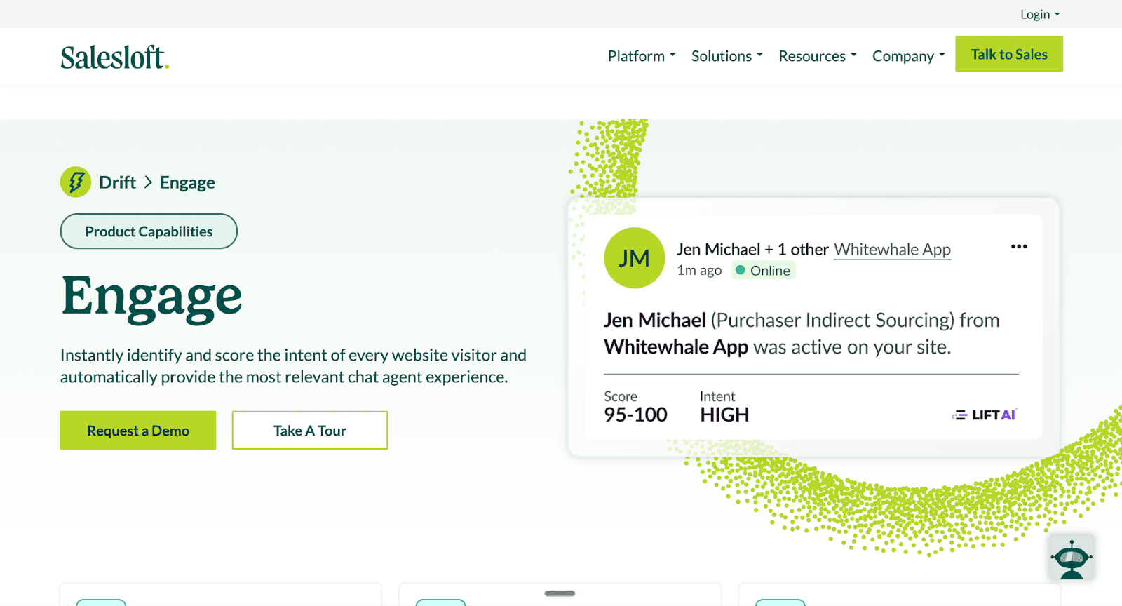 A Salesloft product capabilities page for Drift Engage explains the software can Instantly identify and score the intent of every website visitor, exemplified by a profile showing Jen Michael from Whitewhale App with an intent score of 95-100 and a HIGH intent level.
