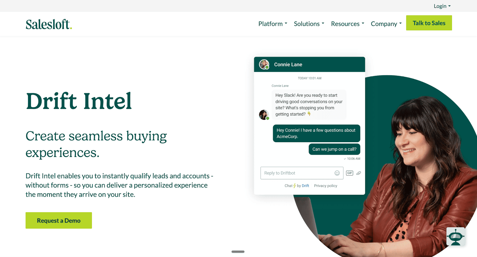 A product page on the **Salesloft** website features **Drift Intel**, claiming it can **Create seamless buying experiences** by enabling users to **instantly qualify leads and accounts without forms** to deliver a personalized experience when visitors arrive on the site.