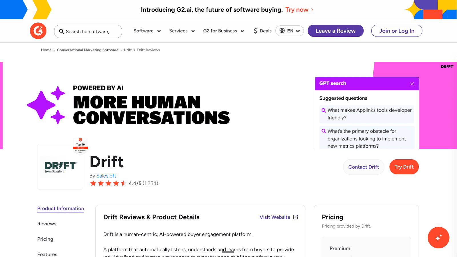 A G2 review page for the software Drift displays a 4.4/5 rating from $\mathbf{1,254}$ reviews, describing it as an AI-powered buyer engagement platform that is Powered by AI to facilitate MORE HUMAN CONVERSATIONS.